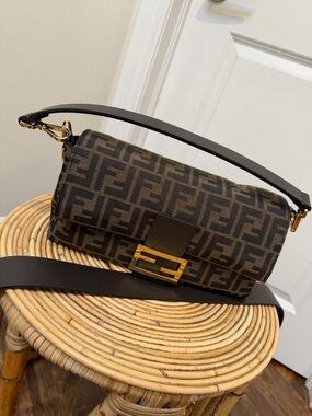 Fendi Brown Zucca Monogram Shoulder Bag with Gold Hardware